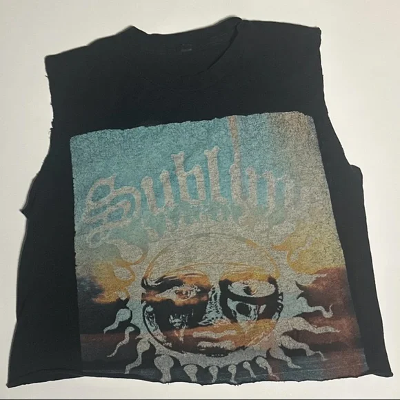 Vintage Sublime Sun Cut-Off Sleeveless Cropped Graphic Band Tee Black Size S - Picture 2 of 5